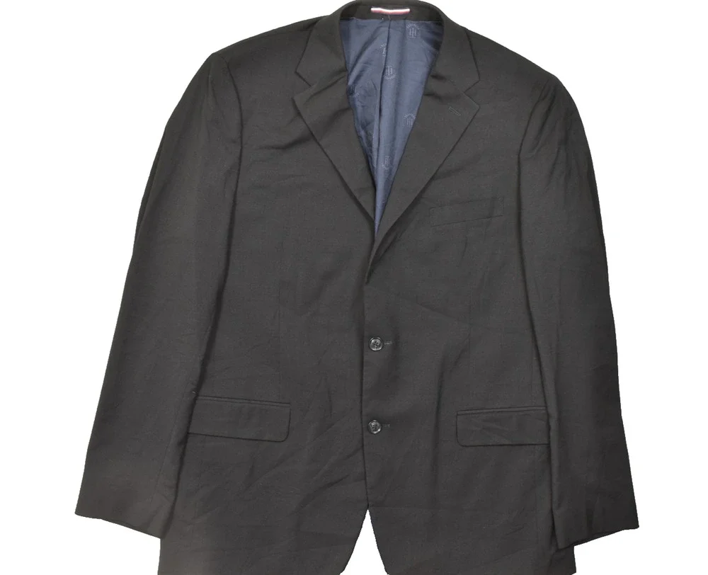 Tommy Hilfiger Men's Blazer 44L Black Wool Blend 2-Button Solid Sport Coat Wool